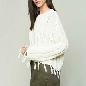 Hayden LA Cream Fringe Cable Knit Sweater L Chunky Oversized Boho‎ Cottagecore